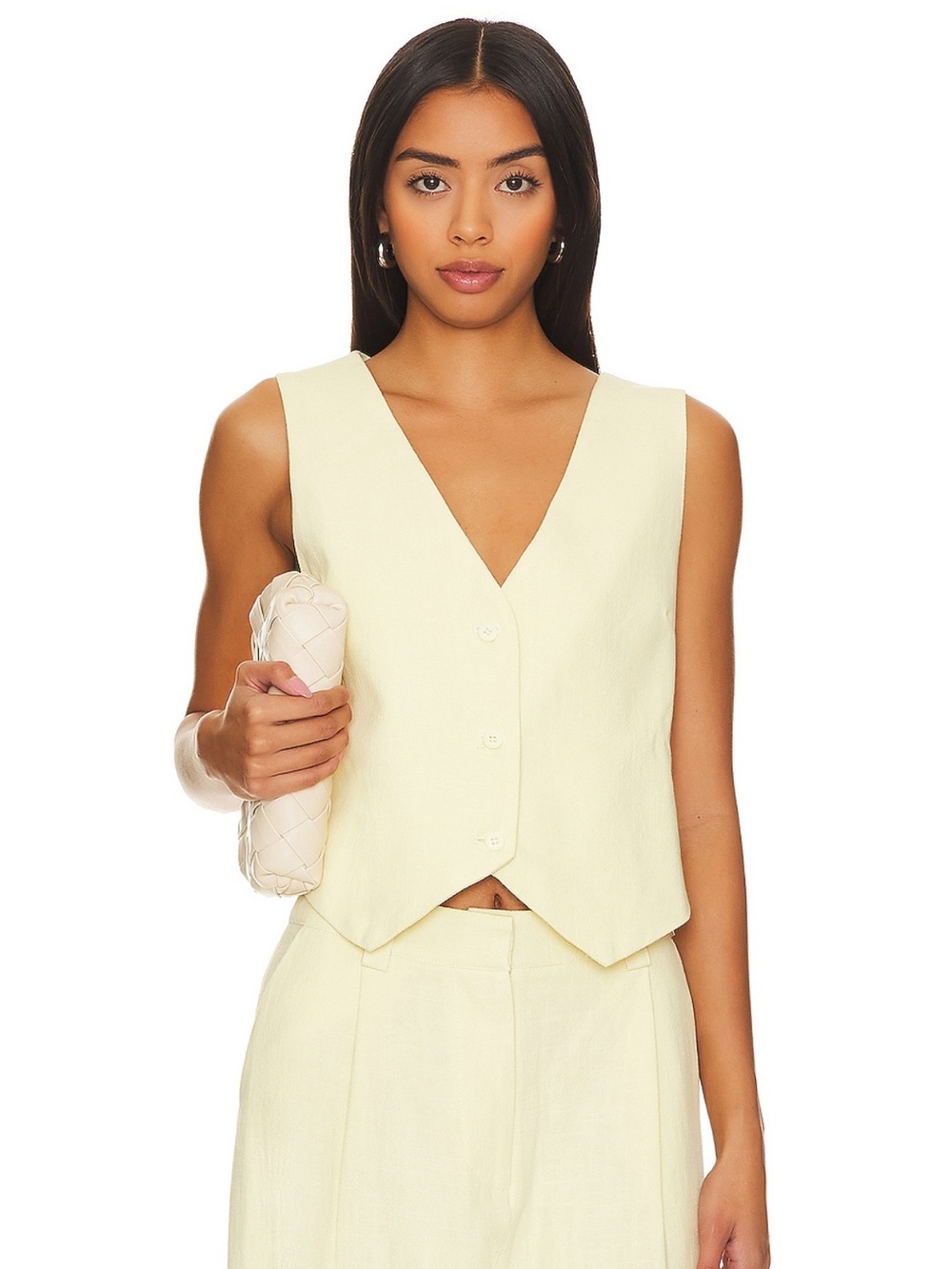 Lioness Pale Yellow Button-Front V-Neck Crop Vest